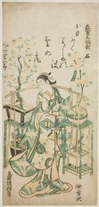 Skuespilleren Onoe Kikugoro I, højre ark af "Flower Vendor Triptykon (Hanauri sanpukutsui)" af Torii Kiyomasu II