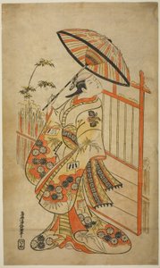 Skuespilleren Sanogawa Mangiku I som Sanada, datter af spinneren Itoya, i stykket "Hiragana Yomeiri Izu Nikki", opført på Nakamura Theatre i den ellevte måned, 1718 af Torii Kiyomasu II
