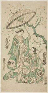 Skuespillerne Sanogawa Ichimatsu I som Soga no Goro og Ikushima Daikichi II som Kewaizaka no Shosho i stykket "Monzukushi Nagoya Soga", opførte på Ichimura Theatre i den første måned, 1748 af Torii Kiyomasu II