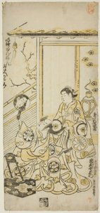 Skuespillerne Tamazawa Saijiro I som Oiso no Tora og Ichimura Uzaemon VIII som Soga no Juro i stykket "Haru wa Akebono Kuruwa Soga", opført på Ichimura Theatre i den første måned, 1743 af Torii Kiyomasu II