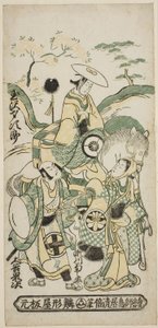 Skuespillerne Tamazawa Saijiro I som Ushiwakamaru, Segawa Kikunojo I som Oroku og Otani Oniji I som Matano Goro i stykket "Sazareishi Suehiro Genji", opført på Nakamura Theatre i den første måned, 1744 af Torii Kiyomasu II