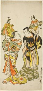 Skuespillerne Yamashita Kinsaku I og Hayakawa Hatsuse som dukkeførere i stykket "Dagbog holdt på en rejse til søs til Izu" ("Funadama Izu Nikki"), opført på Nakamura Theatre i den første måned, 1725 af Torii Kiyomasu II