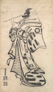 En Oiran står, et rør i hendes højre hånd og vender sig for at se bagud over hendes skulder..., ca. 1705.