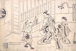 Skuespilleren Ichimura Takenojo VIII i rollen som dukkefører, der viser Puppets to a Cour..., ca. 1715.