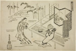 Skuespillerne Nakamura Takesaburo I som Kewaizaka no Shosho og Ichikawa Danjuro II som Soga no Goro klædt ud som en komuso i stykket "Bando Ichi Kotobuki Soga", opført på Nakamura Theatre i den første måned, 1715