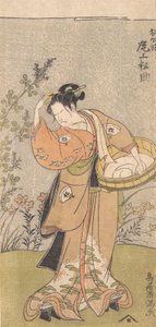 Skuespilleren Onoya Matsusuke, i kvindekåbe af O-Kane, justerer kammen i sit hår, 17..., 1735-1785.