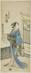 Skuespilleren Segawa Senjo (Kikunojo III) som Amakawaya Giheis kone i stykket "Kanadehon Chushingura", der blev opført på Nakamura-teatret i den femte måned, 1776.