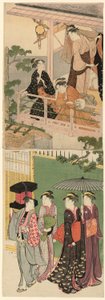 En viftehandler, der passerer under en balkon af Torii Kiyonaga