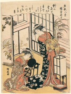 Et spejl på et stativ, der foreslår efterårsmånen (Kyodai no shugetsu), fra serien "Eight Scenes of the Parlor (Zashiki hakkei)" af Torii Kiyonaga