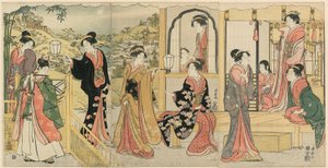 En moderne version af Ushiwakamaru Serenading Princess Joruri af Torii Kiyonaga