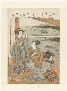 Aftenregn i Susaki Susaki no sekisho (titel på objekt) Otte ansigter af vaner og skikke i Fukagawa (serietitel) Fuzoku Fukagawa hakkei (serietitel på objekt) af Torii Kiyonaga