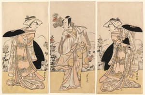 Bando Mitsugoro II som Tennen no Mansaku-kitsune og Ichikawa Monnosuke III som Nikaido Shinanonosuke og Iwai Hanshiro IV som Okura no Kojoro-kitsune i scenen fra dramaet Moto Mishi Yuki Sakae Hachi-no-ki (Nidaime Bando Mitsugoro no Tennen no mansaku- af Torii Kiyonaga