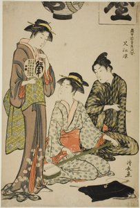Afkøling på Nakasu (Nakasu no suzumi), fra serien "A Collection of Contemporary Beauties of the Pleasure Quarters (Tosei yuri bijin awase)" af Torii Kiyonaga