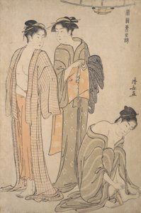 Klipning af tånegle, toilettet efter badet. af Torii Kiyonaga