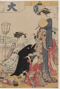 Underholdning på en balkon ved vandet i Nakasu, fra serien, A Collection of Beautiful Modern Women of the Pleasure Quarters af Torii Kiyonaga