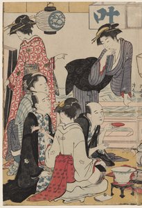 Underholdning på en balkon ved vandet i Nakasu, fra serien, A Collection of Beautiful Modern Women of the Pleasure Quarters af Torii Kiyonaga