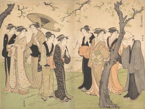 Gruppe på seks geishaer under kirsebærtræerne på Gotenyama, ca. 1785. af Torii Kiyonaga