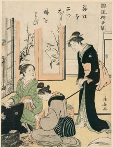 Svigermor driller bruden, fra serien "A Collection of Humorous Poems (Haifu yanagidaru)" af Torii Kiyonaga