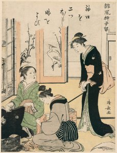 Svigermor driller bruden, fra serien A Collection of Humorous Poems, ca. 1785 (træbloktryk i farver; chuban) af Torii Kiyonaga