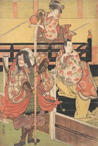 På en balkon sidder en kvinde og spiller en tsuzumi, under en mand i Daimyo-kostume er havet..., ca. 1790. af Torii Kiyonaga