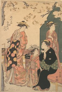 Portræt af Courtesan Nioteru fra Ogiya, med hendes to ledsagere Namiji og Ao-..., ca. 1785. af Torii Kiyonaga