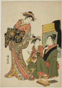 Skuespilleren Nakamura Riko med en kurtisane fra en unavngivet serie af aiban-tryk, der skildrer skuespillere i privatlivet af Torii Kiyonaga
