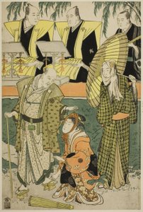 Skuespillerne Bando Matakuro IV som Chubei, Osagawa Tsuneyo II som Umegawa og Nakamura Katsugoro som Magoemon i stykket "Keisei Koibikyaku" af Torii Kiyonaga