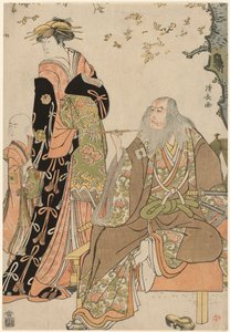 Skuespillerne Ichikawa Danjuro V som Hige no Ikyu, Nakamura Riko som Agemaki og Ichikawa Ebizo som Agemakis ledsager i stykket "Sukeroku Yukari no Edozakura" på Nakamura-teatret i den tredje måned, 1784.