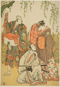 Skuespillerne Ichikawa Yaozo III som Shiragiku, Ichikawa Danjuro V som dukkeføreren Dekurokubei og Sawamura Sojuro III som Soga no Juro, i joruri "Shinobukoi Yanagi no Katsura Otoko," optrådte på Nakamura Theatre i den første måned, 1785 af Torii Kiyonaga
