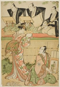 Skuespillerne Matsumoto Koshiro IV som Ukita Sakingo og Sawamura Sojuro III som kurtisanen Takaos spøgelse i stykket "Ominaeshi Sugata no Hatsuaki", opført på Nakamura Theatre, 1788 af Torii Kiyonaga