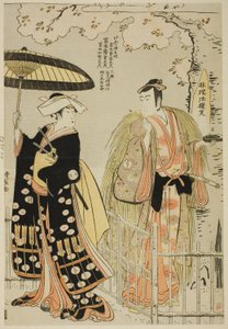 Skuespillerne Sawamura Sojuro III som Kusunoki Masatsura og Arashi Murajiro som Ben no Naishi, i shosaen "Sode Furu Yuki Yoshino Shui," optrådte på Nakamura Theatre i den ellevte måned, 1786 af Torii Kiyonaga