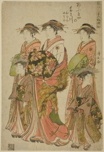 Courtesanen Takigawa fra Ogiya med hendes ledsagere Onami og Menami, fra serien "Models for Fashion: New Designs as Fresh as Young Leaves (Hinagata wakana no hatsu moyo)" af Torii Kiyonaga