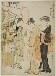 Den sjette måned (Kazemachizuki), fra serien "Fashionable Monthly Visits to Sacred Places in the Four Seasons (Furyu shiki no tsuki mode)" af Torii Kiyonaga