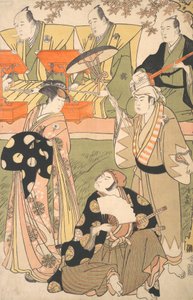 Teaterscene, med musikere. af Torii Kiyonaga