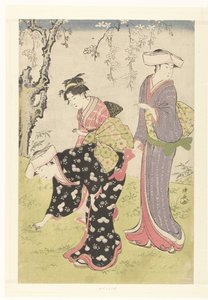 To kvinder og en pige under et blomstrende kirsebærtræ Brokader med skikke og skikke i Østen (serietitel) Fuzoku Azuma no Nishiki (serietitel) af Torii Kiyonaga