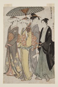 To døtre af en bannermand med en tjenende kvinde og en ung mand (træbloktryk i farver) af Torii Kiyonaga
