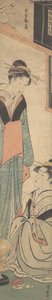 To piger taler i nærheden af Hibachi Fire-Pot, ca. 1785. af Torii Kiyonaga