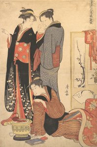 To kvinder står og holder et barn, ca. 1785. af Torii Kiyonaga