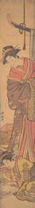Ung kvinde kigger over skulderen af en anden, der skriver et brev. af Torii Kiyonaga