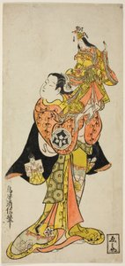 Skuespilleren Yamashita Kinsaku, der holder en marionet af kejserinden i stykket "Dagbog holdt på en rejse til søs til Izu (Funadama Izu Nikki)," opførte på Nakamura Theatre i den første måned, 1725