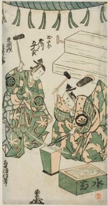 Skuespillerne Fujikawa Heikuro som Masamune og Matsushima Kichisaburo som Rai Kunitsugu i stykket "Shin Usuyuki Monogatari", opført på Nakamura Theatre i den sjette måned, 1746 af Torii Kiyonobu II