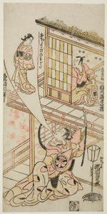 Skuespillerne Ichikawa Ebizo II som Mushanosuke, Segawa Kikunojo I som Ochiyo og Matsushima Kichisaburo som Ochiyos ånd i stykket "Higashiyama Gojitsu Yaoya Hanbei", der blev opført på Nakamura-teatret i den ottende måned i 1744. af Torii Kiyonobu II