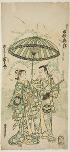Skuespillerne Ichimura Kamezo I som Kanto Koroku og Arashi Tominosuke I som Hayasaki i stykket "Hokazo Yunzei Hachinoki", opført på Ichimura Theatre i den ellevte måned, 1748