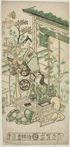 Skuespillerne Ichimura Uzaemon VIII som Oguri Hangan og Segawa Kikunojo I som Terute no Mae i stykket "Mangetsu Oguri Yakata", opført på Ichimura Theatre i den ottende måned, 1747