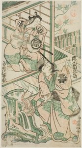 Skuespillerne Sanogawa Ichimatsu I som Ike no Shoji og Segawa Kikujiro I som Hitachi Kohagi i stykket "Mangetsu Oguri Yakata", opført på Ichimura Theatre i den ottende måned, 1747