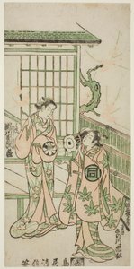 Skuespillerne Sanogawa Ichimatsu I som Minamoto no Yorimasa og Segawa Kikujiro I som Nobutsuras kone Karumo i stykket "Shusse Momijigari", opført på Ichimura-teatret i den ellevte måned, 1747. af Torii Kiyonobu II