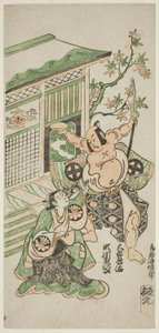 Skuespillerne Segawa Kikujiro I som Nobutsuras kone Karumo og Otani Oniji I som Tahara Matataro i stykket "Shusse Momijigari", opført på Ichimura-teatret i den ellevte måned, 1747. af Torii Kiyonobu II