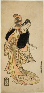 Skuespilleren Ichikawa Monnosuke I som Oiso no Tora i stykket "Nigiwai Suehiro Soga", opført på Morita Theatre i den første måned, 1721 (?) af Torii Kiyonobu I