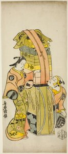 Skuespillerne Ichikawa Danjuro II som Kamada Matahachi og Ichikawa Monnosuke I som Hisamatsu i stykket "Osome Hisamatsu Shinju Tamoto no Shirashibori", opført på Morita Theatre, 1720