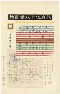 Indholdsfortegnelse for serien Kabuki juhachiban Kabuki juhachiban mokuroku (titel på objekt) Spiller atten kabuki (serietitel) Kabuki juhachiban (serietitel på objekt)